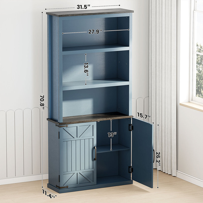 70'' Tall Blue MDF Farmhouse Bookcase with Doors and Shelves