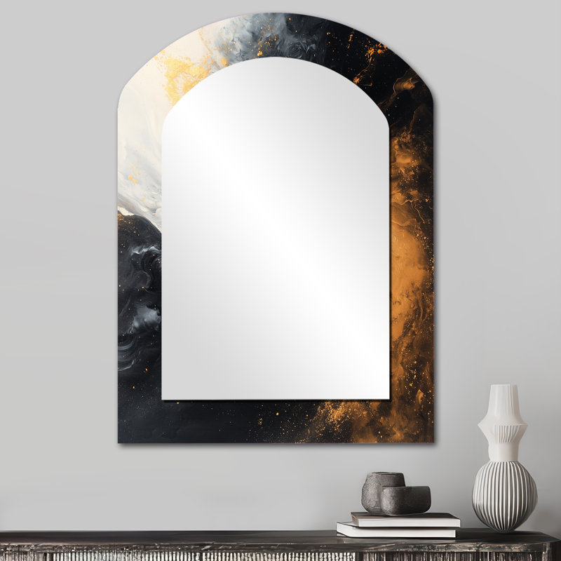 Gold And Black Auroras Edge Shapes III - Abstract Shapes Asymmetrical Decorative Wall Mirror, Modern Arch Mirror, Printed Metal Art