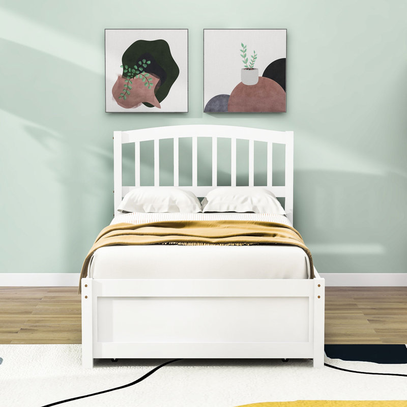 Twin Size Wooden Platform Bed with Trundle, White
