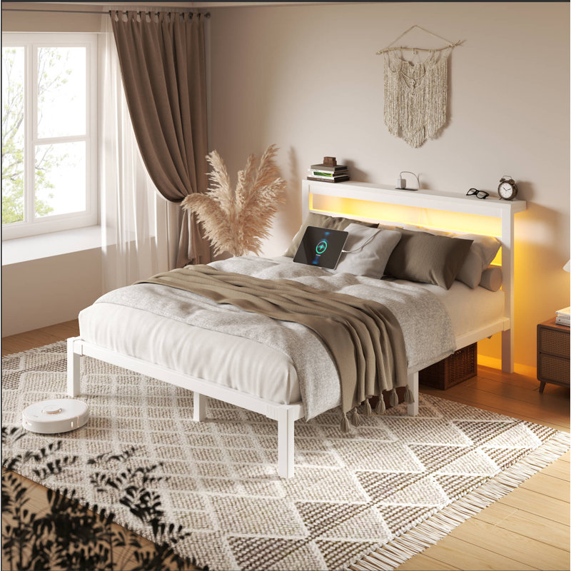 Full Metal Platform Bed with Storage Headboard, Charging Station, LED Lights, Easy Assembly, White, Full, White