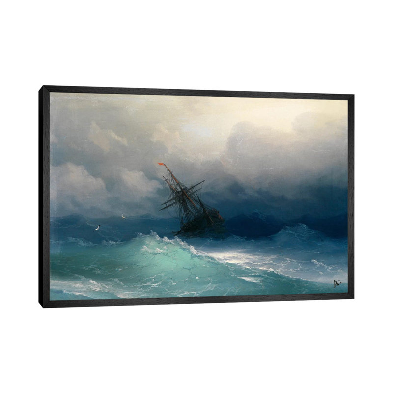 Ship On A Stormy Seas by Ivan Aivazovsky - Painting on Canvas, 66.04 cm H x 45.72 cm W, Black Framed