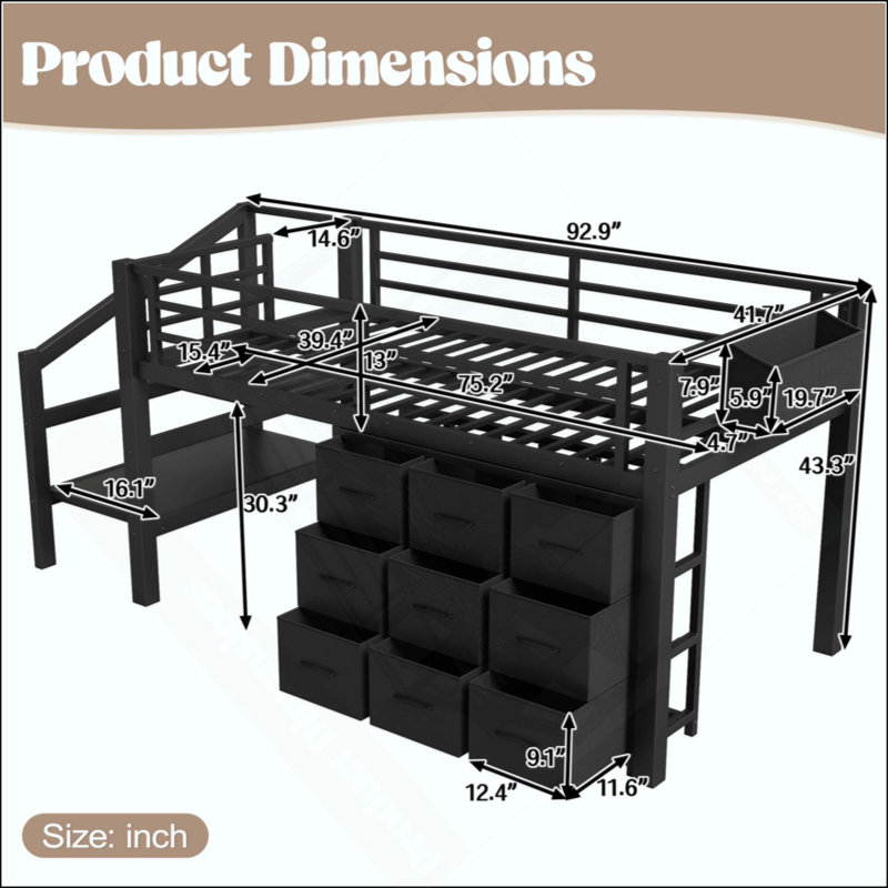 Lit mezzanine bas avec plusieurs espaces de rangement, y compris des tiroirs en tissu, des tablettes en tissu à côté du lit, des escaliers de rangement, un lit mezzanine en métal avec lumières et de grands espaces sous le lit