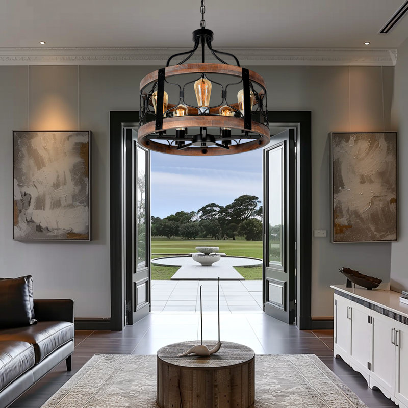 5-Light Industrial Drum Chandelier with Wood Accents