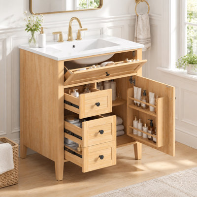 Meuble-lavabo 30 po avec lavabo en céramique, armoire à grain de bois naturel avec tiroir basculant et tablette de rangement sur la porte