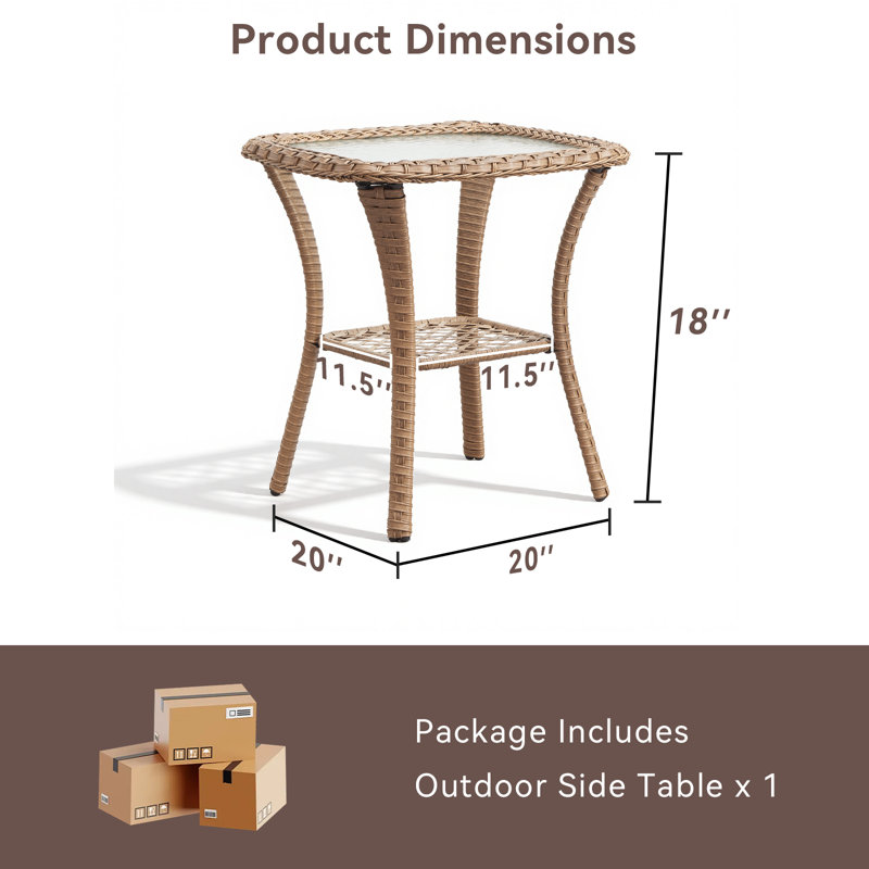 Table d'appoint de patio de 20 pouces, double couche de rangement pour table de bout carrée en osier, tables basses en rotin toutes saisons