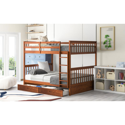 Walnut Bunk Bed With Two Storage Drawers & - Space Efficient Bedroom Solution In
