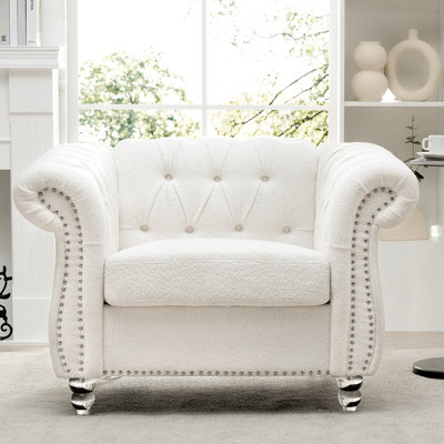 Fauteuil de salon 1 place, mousse, ressorts ensachés, pieds en bouleau, largeur des accoudoirs : 22 cm, hauteur : 32 cm, sangles décalées en acrylique blanc, répartition uniforme de la tension, longueur du siège : 57 cm