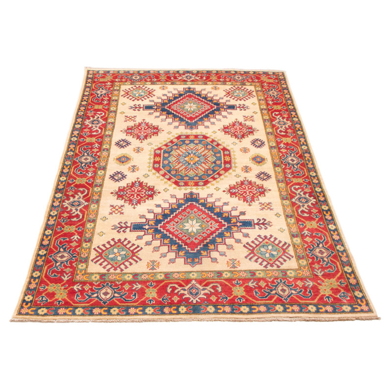 Tapis beige / rouge / bleu foncé noué à la main de conception unique 6 pi 7 po x 9 pi 10 po Aryanne