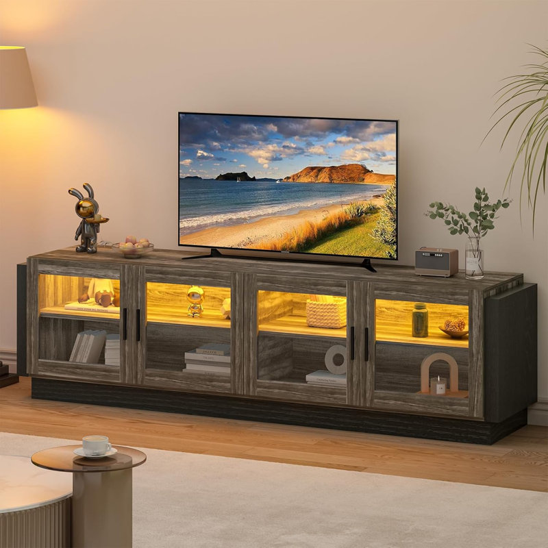 Meuble télé avec lumières DEL et tablette réglable, grand centre de divertissement pour téléviseur de 75 po avec portes transparentes