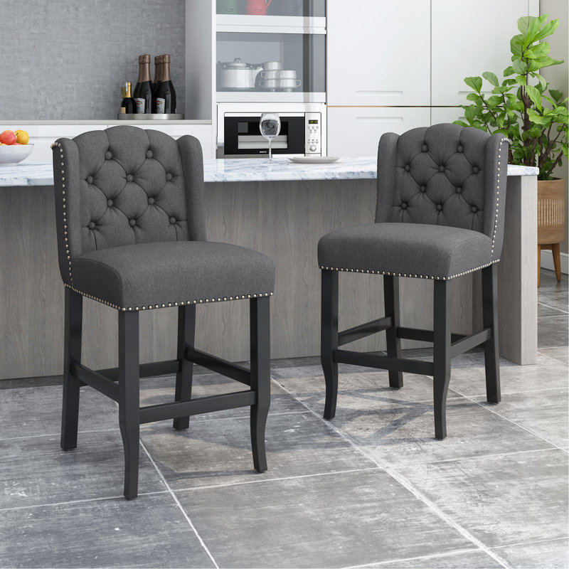 Tabouret de comptoir contemporain capitonné à oreilles 27 pouces, ensemble de 2, Gris anthracite