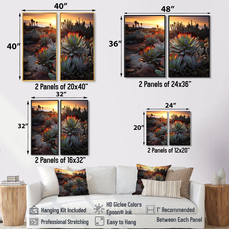 Succulent désert cactus champ brûlant au coucher du soleil III - grande décoration murale succulente, 20" H x 24" W, Black