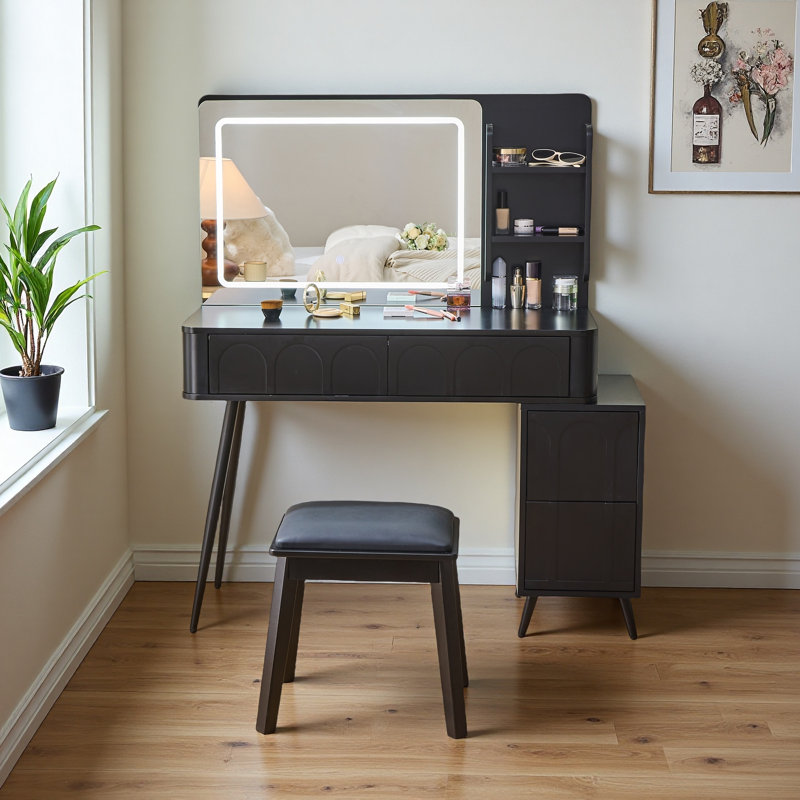 Modern Makeup Vanity Set with LED Mirror & 4 Drawers - 3-Color Dimmable Lights, Fluted Waveform Design, Space-Saving Dressing Table with Stool