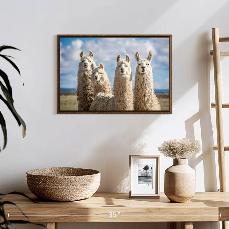 Lamas blancs moelleux, 19 po x 13 po, Cadre flottant en noyer