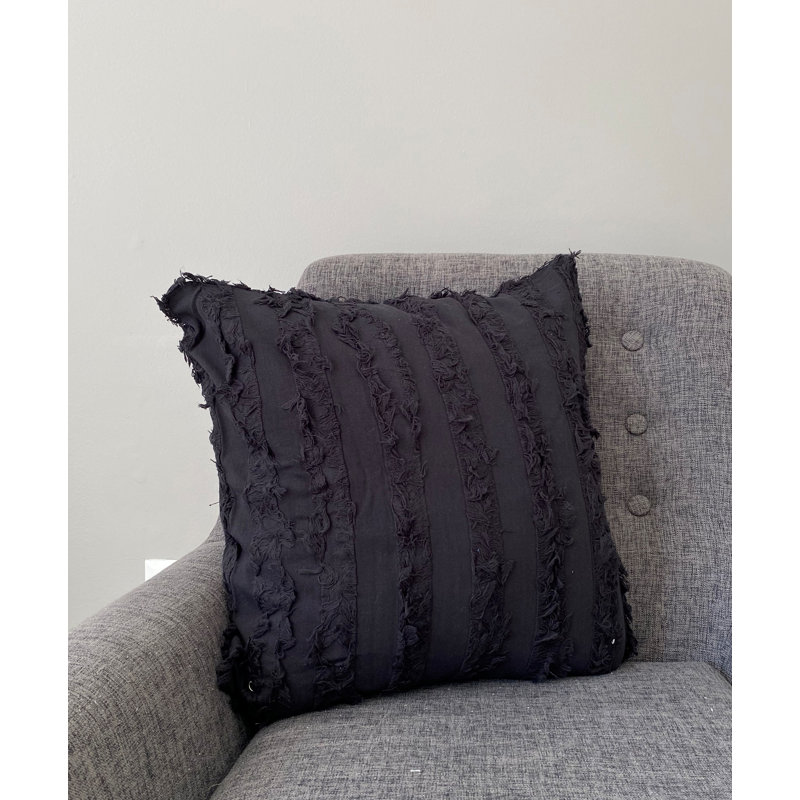 Coussin décoratif carré en coton à franges Nancy, Noir