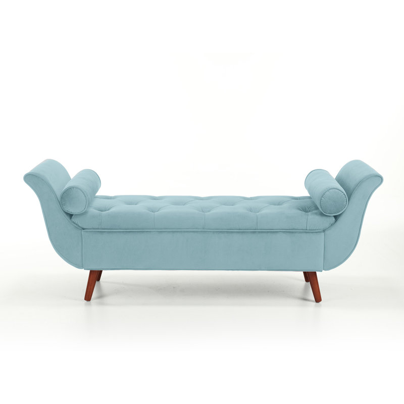 Blue Velvet Upholstered Storage Bench with Roll-Arm