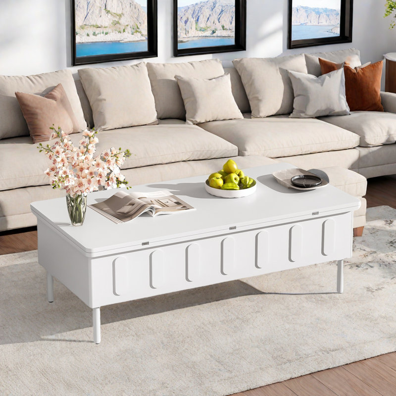 Table basse à plateau relevable avec rangement, Blanc