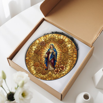 Religious Floral Stained Glass Window Panel，12"H