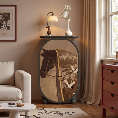 Oval Walnut Wood Art Storage Cabinet