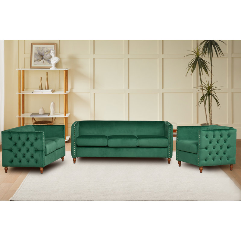  Ensemble de salon 3 pièces avec accoudoirs en velours, Vert