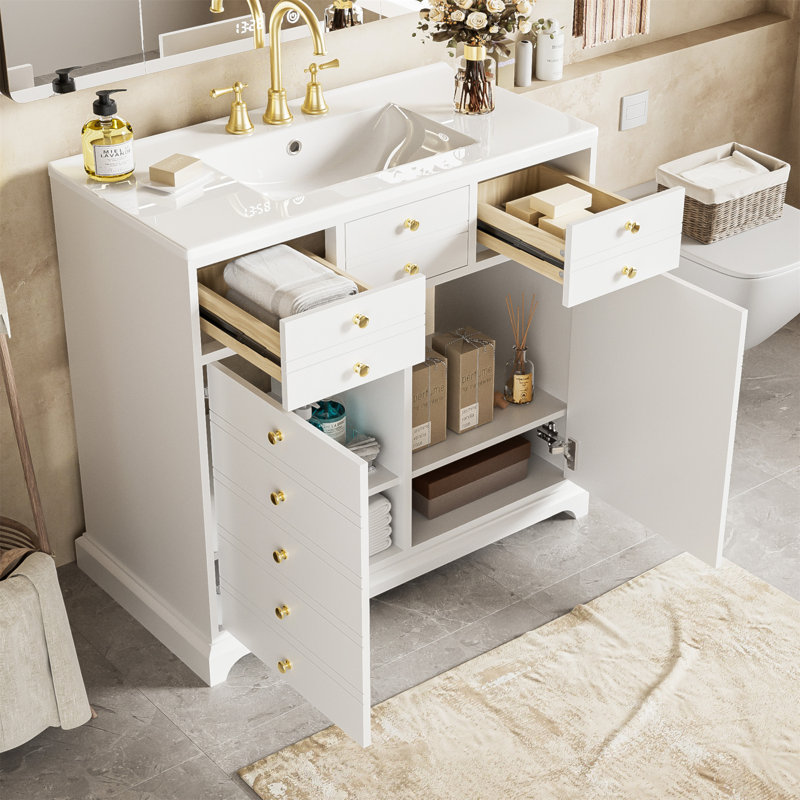Meuble-lavabo de 36 po avec lavabo en céramique, structure en bois massif, armoire de rangement autoportante avec 2 tiroirs et portes à fermeture douce