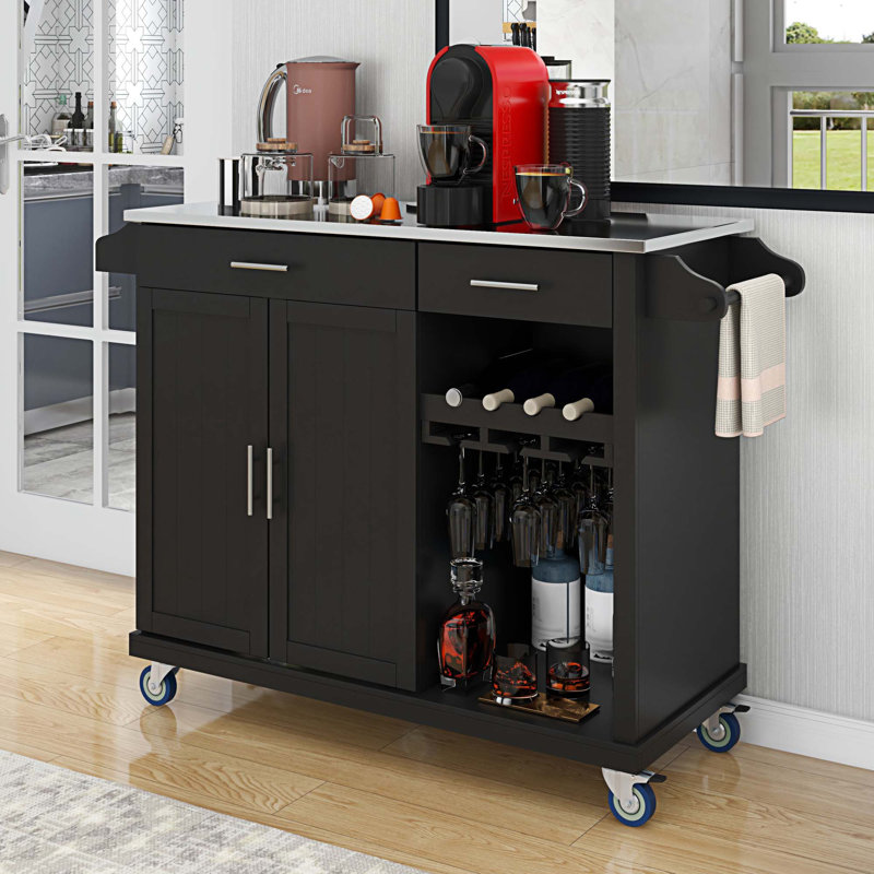 Îlot de cuisine avec plateau en acier inoxydable et cabine de rangement, Noir
