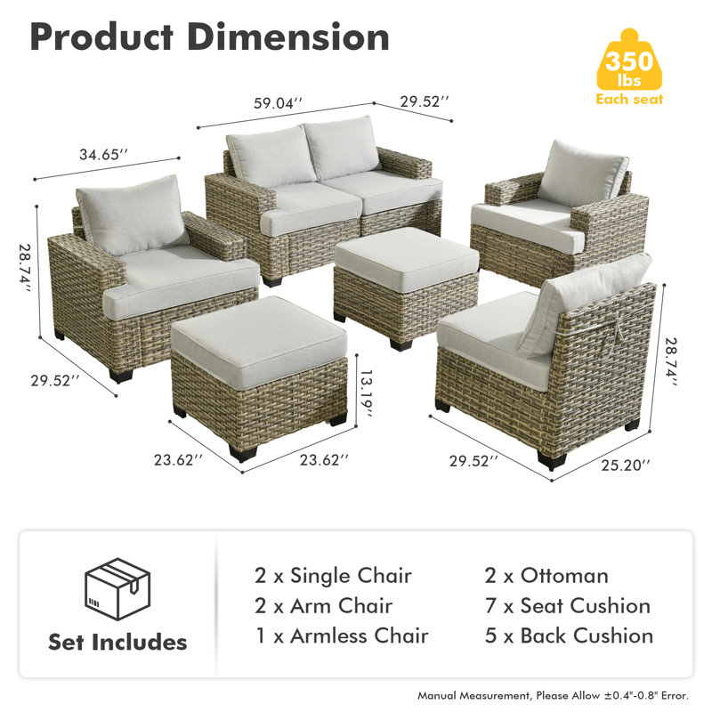7 Piece Sofa Seating Group With Cushions, Light Gray