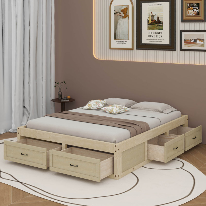 Lit plateforme double avec 6 tiroirs, Naturel antique