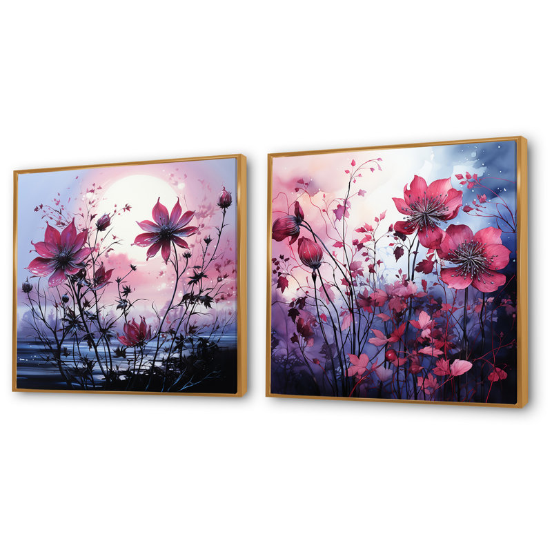 «Blue and Pink Twilight Poppies Glowing Meadow I», ensemble de 2 impressions sur toile coquelicots, Cadre flottant doré