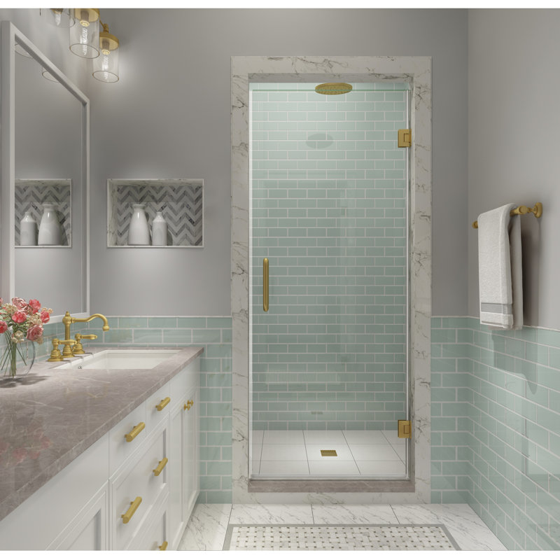 Kinkade XL 30.25" - 30.75" W x 80" H Hinged Frameless Shower Door, Brushed Gold