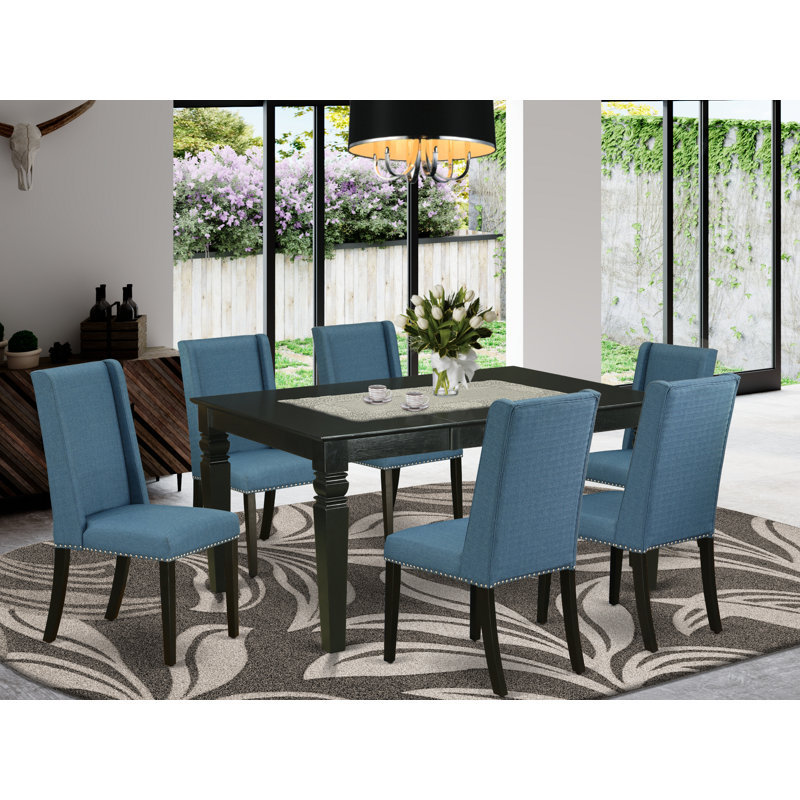 Ensemble de table de salle à manger 7 pièces 7 pièces, Noir, Bleu minéral, 7 pièces : 1 table, 6 chaises