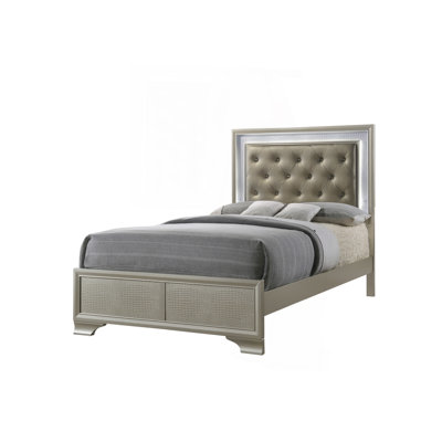 Modern Champagne Crocodile Skin Finish Upholstered 1Pc Led Panel Bed Faux Diamond Tufted Bedroom Furniture