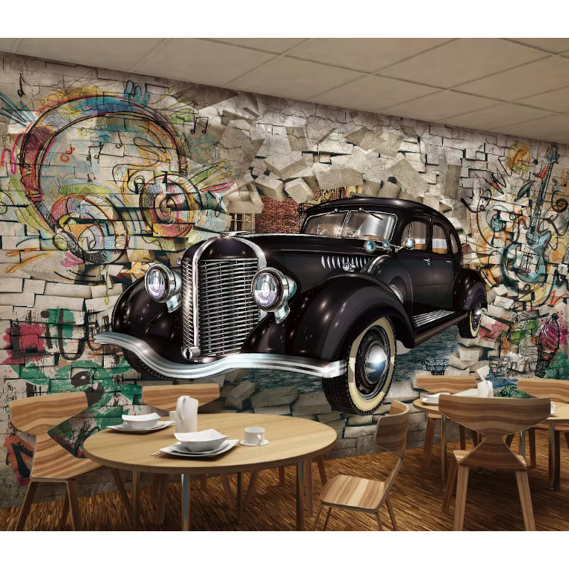 Papier peint amovible 3D rétro voiture classique rétro Graffiti Street, L 75 po x l 112 po