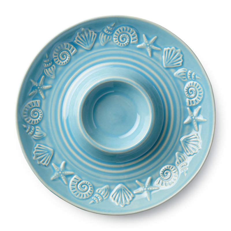 Coastline Blue Stoneware Chip and Dip 13.5 Inches, embossed coastal shell and starfish server with glossy sea-blue glaze, durable beach house serveware for relaxed coastal entertaining and everyday