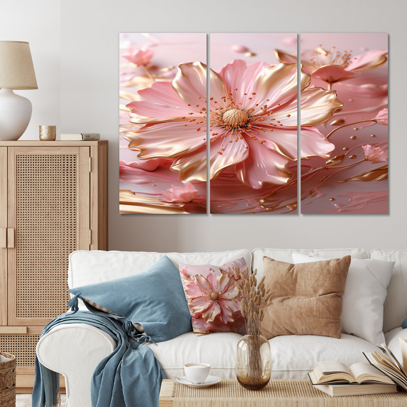 Art de la fleur liquide blanc et rose pâle II tendu sur toile, 3 pièces, H 28 po x l 36 po x P 1 po