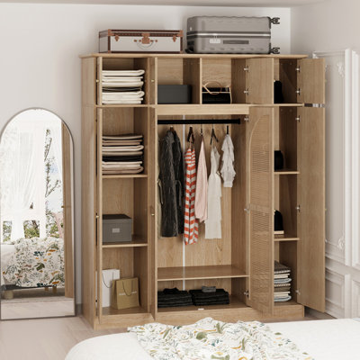 Armoire-penderie de 70,87 po de hauteur avec 8 portes et grande capacité avec tringle, tablettes réglables et portes décoratives en rotin, armoire de rangement pour vêtements pour chambre à coucher, penderie, salon, naturel
