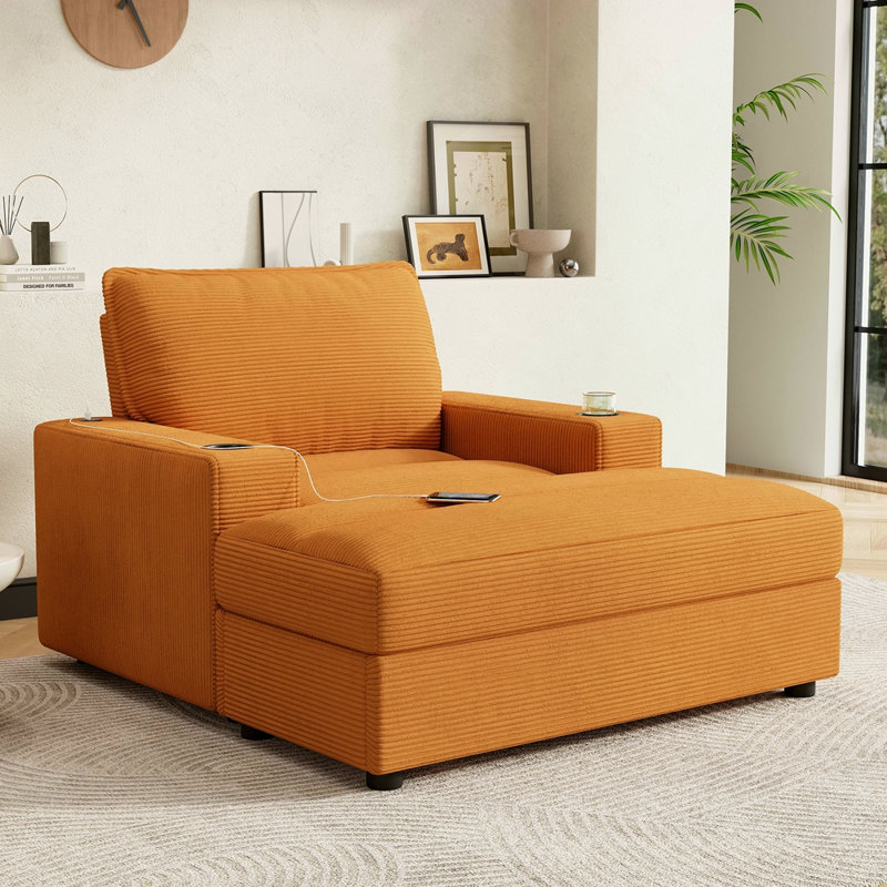 42.8" Oversized Chaise Lounge Chair With Storage Ottoman, Corduroy Sofa Bed With Cup Holders & USB Charging Port, Upholstered Sleeper Chair, Deep - Seat Reading Couch For Living Room, Bedroom