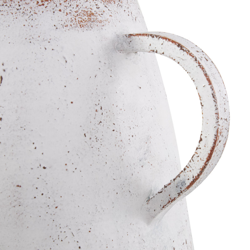 Brendyn Metal Antique Style Decorative White Vase with Terracotta Accents and Handles, 23.5H x 13W x 9D