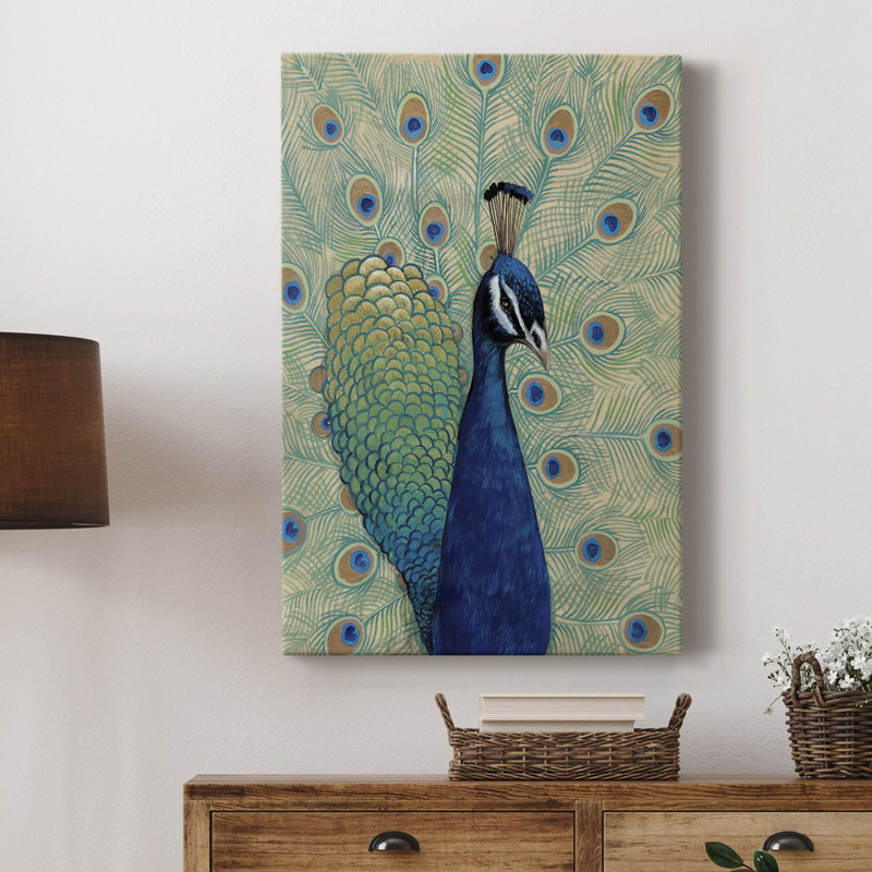 «Blue Peacock I», toile tendue avec châssis de qualité supérieure - prête à être accrochée, H 27 po x l 18 po x P 1 po
