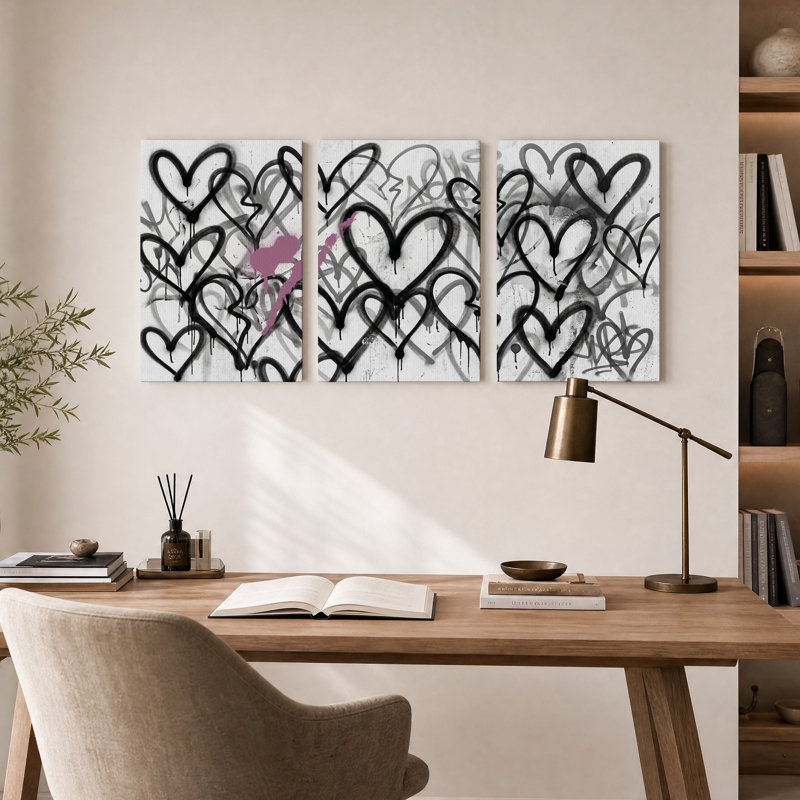 Ensemble de 3 toiles murales avec des cœurs dégoulinants noirs et roses, style graffiti, 36"H x 24"W x 3pcs