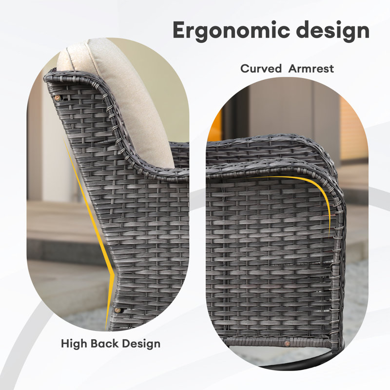 Ensemble de chaises berçantes d'extérieur en rotin avec coussins Tommy, gris, Beige