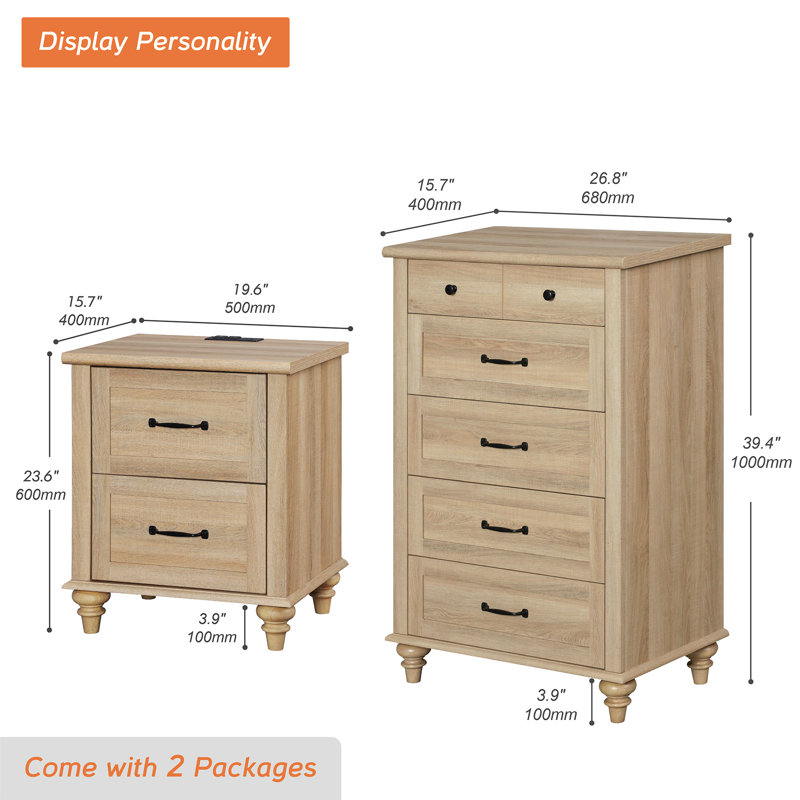 Ensemble de commode et table de chevet 2 pièces 2 pièces, chêne
