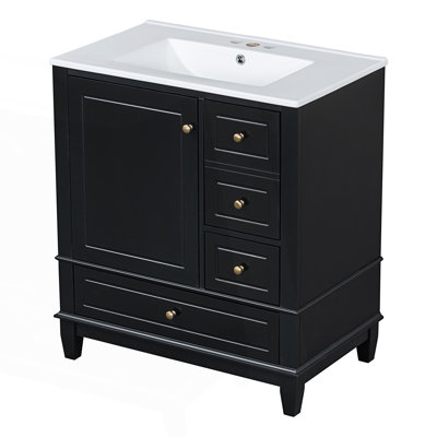 Meuble-lavabo de salle de bain avec lavabo, une porte avec tablette et trois tiroirs