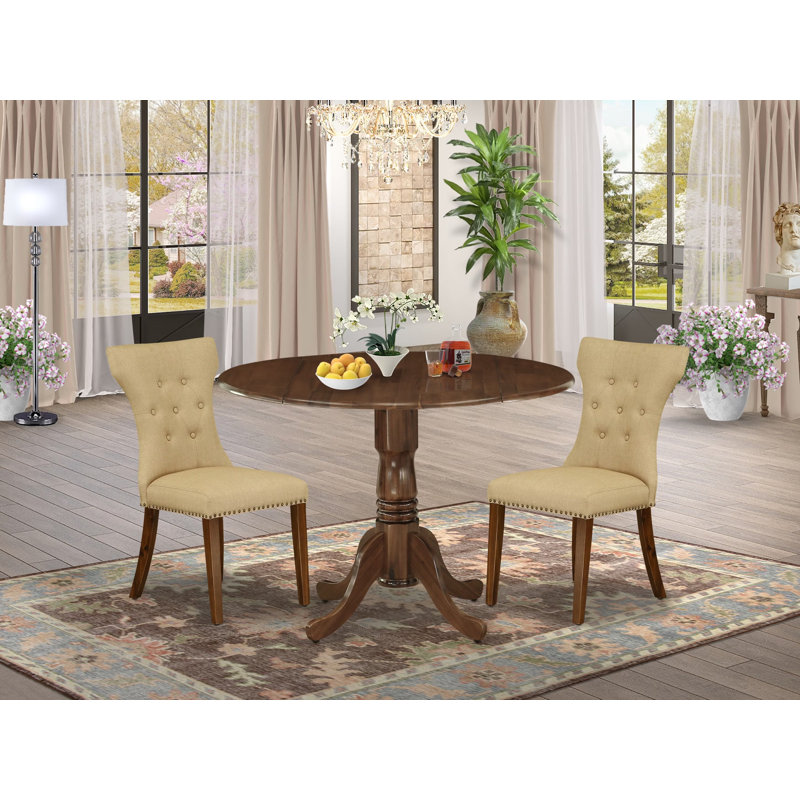 3 Piece Dining Room Table Set Contains a Round Kitchen Table with Dropleaf and 2 Parson Chairs, Antique Walnut