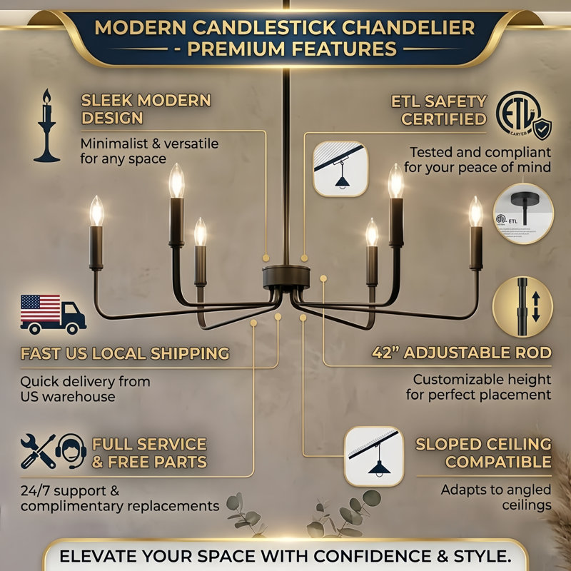 6 - Light 26"W Candle Style Classic/traditional Black Dimmable Chandelier for Kitchen Isanland., Matte Black