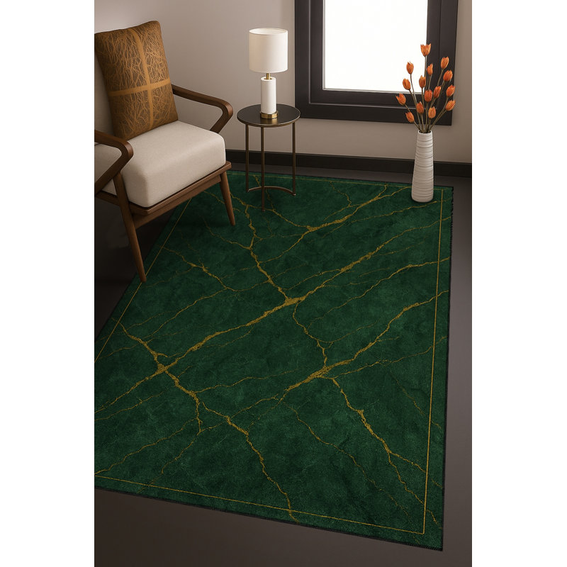 Tapis vert tissé à motif abstrait lavable Mosso, 3'11" x 5'11"