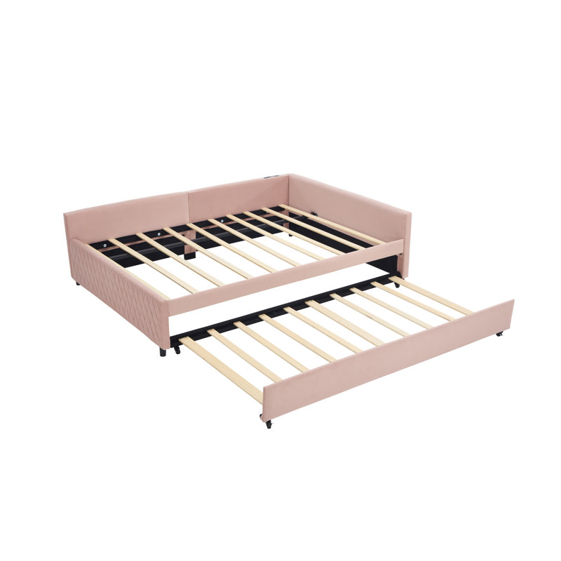 Velvet Upholstered Daybed With Pull-Out Trundle, Modern Diamond Grid Design, Luxury Multifunctional Sofa Bed For Bedroom & Living Room