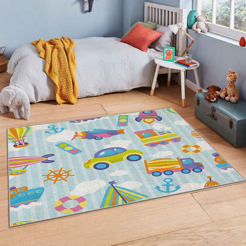 Tapis rectangulaire tissé à la machine en polyester bleu / jaune / vert, Rectangle 3 pi 3 po x 4 pi 7 po