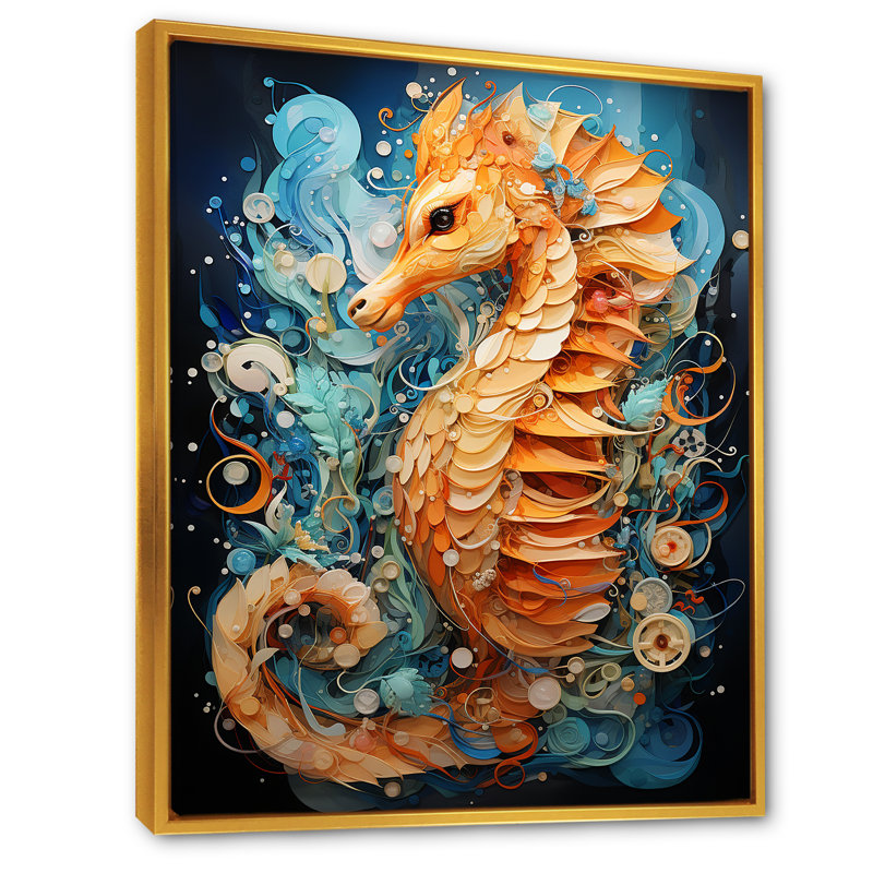 Hippocampe orange et bleu Symphony 1, Cadre flottant doré, H 40 po x l 30 po x P 1,5 po