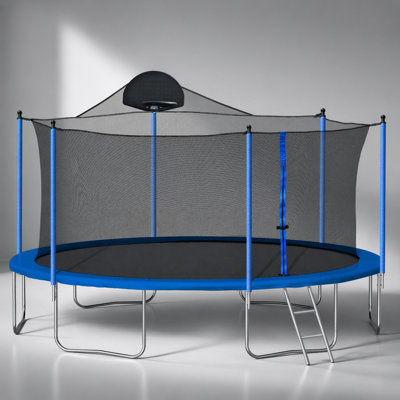 14FT Trampoline for Adults & Kids with Basketball Hoop, Safety Enclosure Net, Ladder, and Double-Sided Color Cover