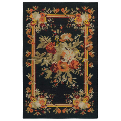 Karabakh Pattern Black Floral Machine Washable Rug
